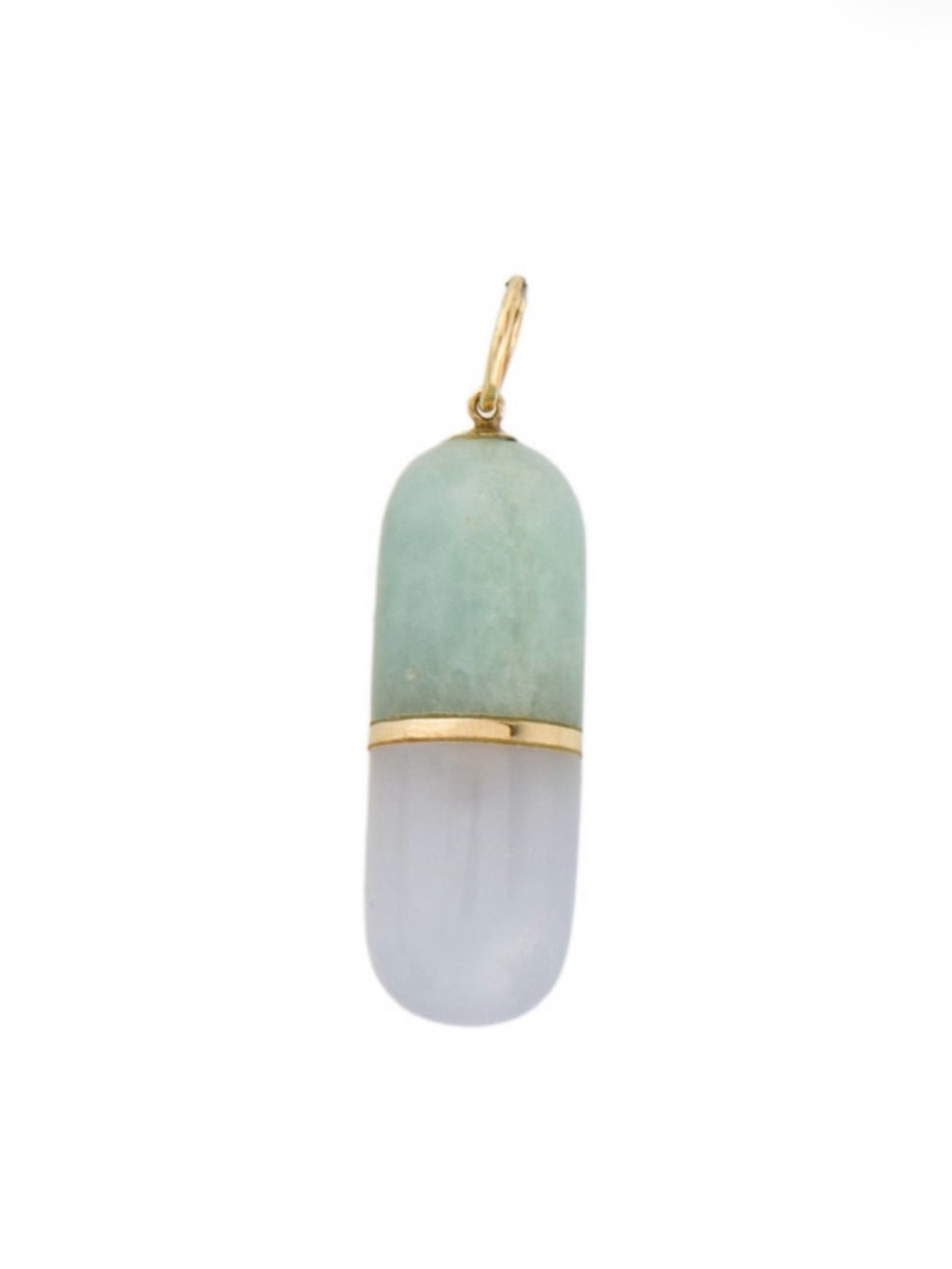 Classic chalcedony and aquamarine “happy pill” pendant with 18k gold.